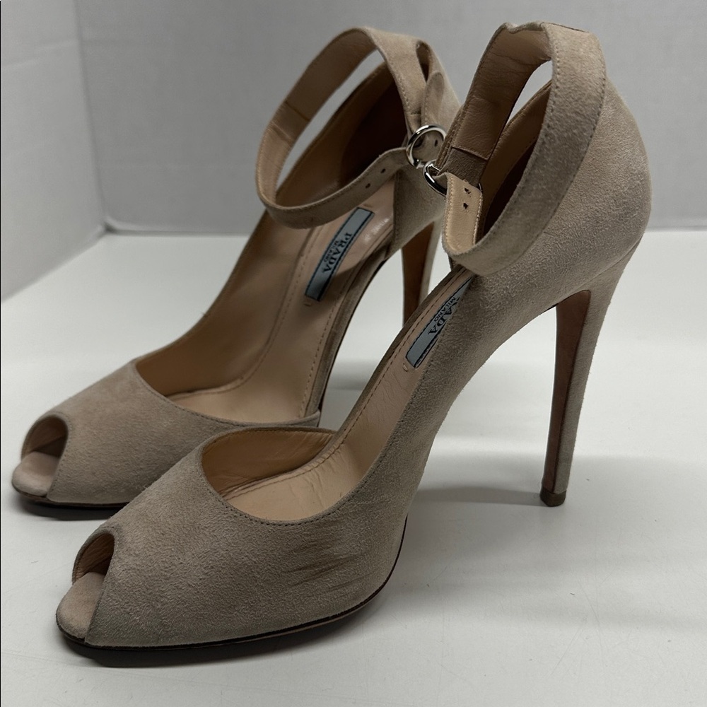 Prada Heels Suede Ankle Adjustable Strap Peep Toe High Heel Shoes Tan Cream 37.5 - Picture 3 of 11